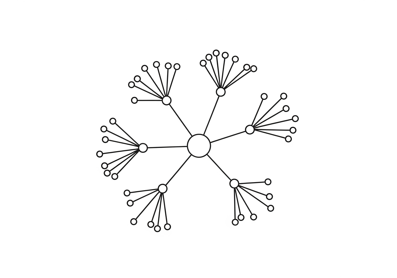 Mind map example showing a core topic "Digital Marketing" branching into subtopics like "SEO," "Content Marketing," "Social Media," and "Web Design," with further branches for specific content ideas under each subtopic. - Topical content strategy Mind map example showing a core topic "Digital Marketing" branching into subtopics like "SEO," "Content Marketing," "Social Media," and "Web Design," with further branches for specific content ideas under each subtopic. - Topical content strategy