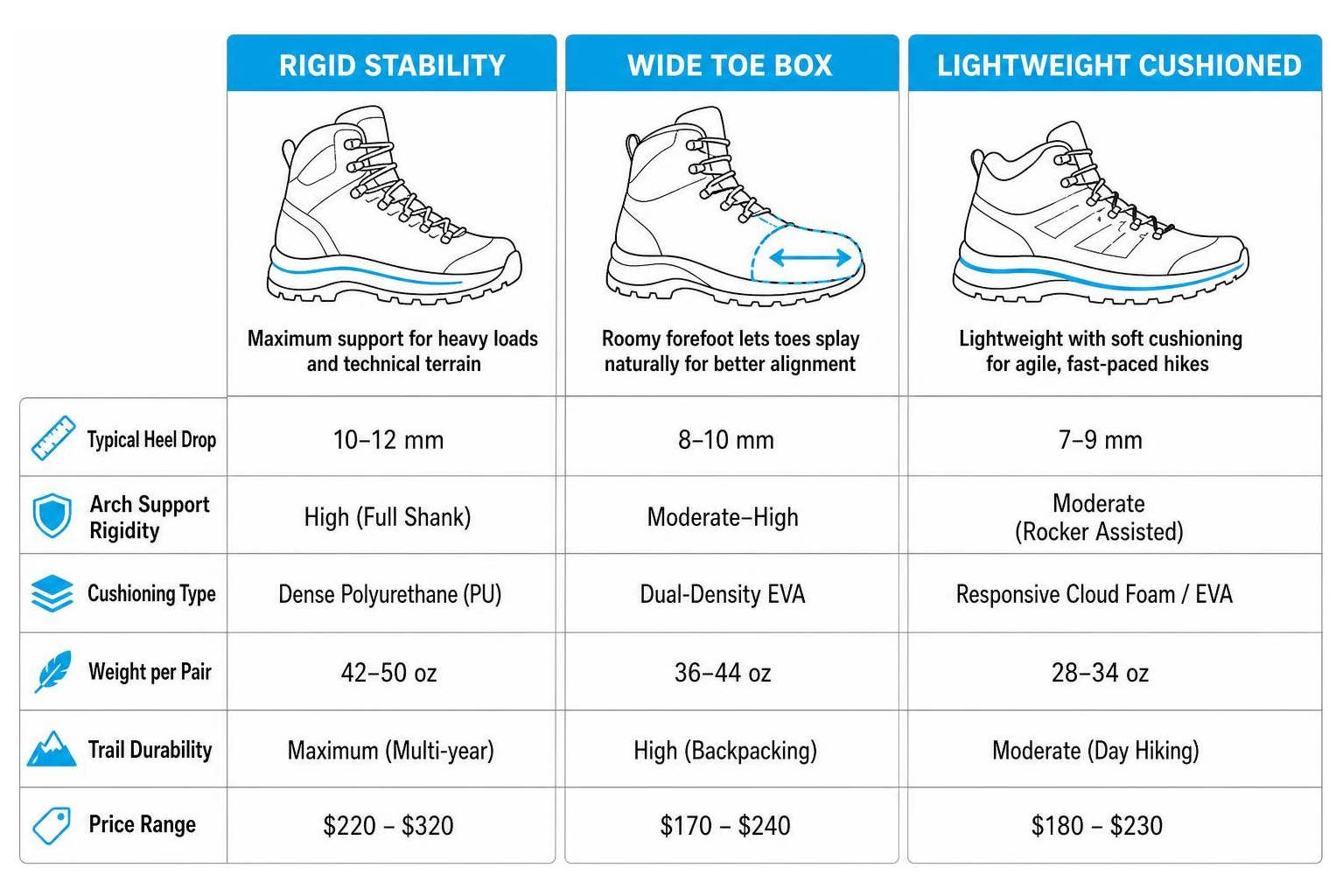 Comparison of rigid stability, wide toe box, and lightweight cushioned hiking boots
