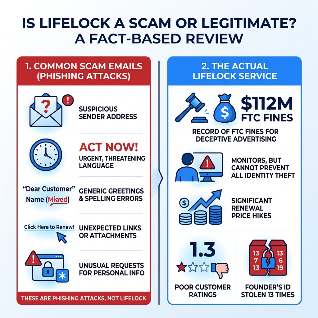 LifeLock scam vs legitimate service infographic showing FTC fines, ratings, and phishing warning signs - lifelock scam / LifeLock scam vs legitimate service infographic showing FTC fines, ratings, and phishing warning signs - lifelock scam /