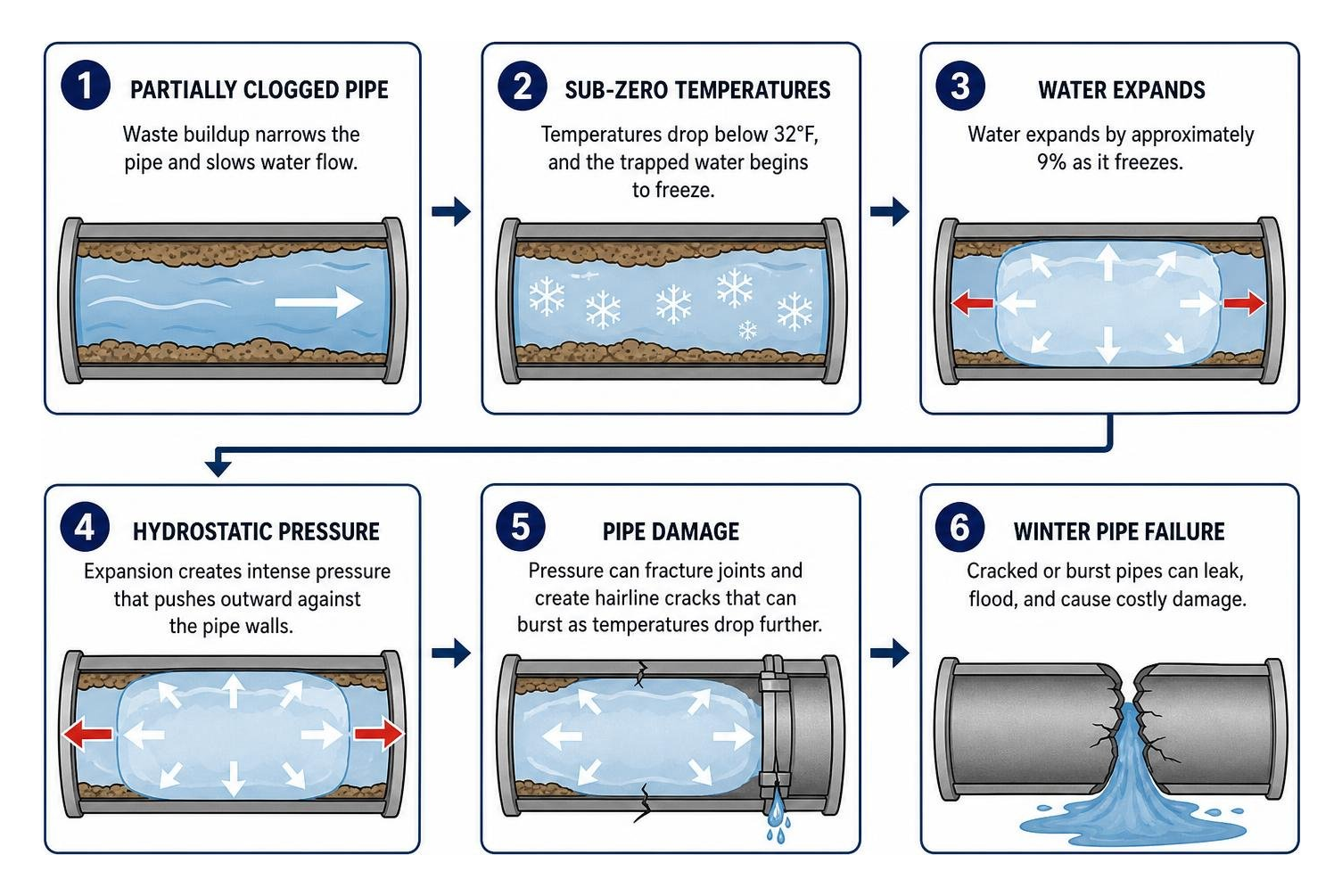 Diagram showing thermal impact of sub-zero temperatures on partially clogged plumbing lines