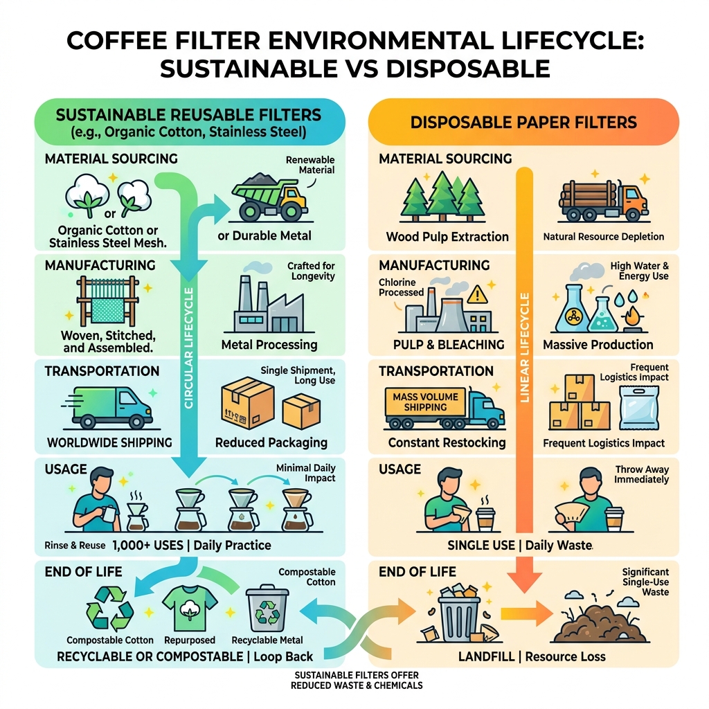 environmental lifecycle comparison of sustainable vs disposable coffee filters - Sustainable coffee filters infographic 
