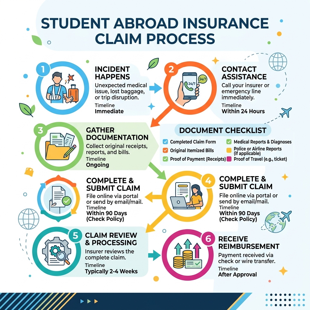 Infographic showing step-by-step student abroad insurance claim process with timelines and document checklist - student Infographic showing step-by-step student abroad insurance claim process with timelines and document checklist - student