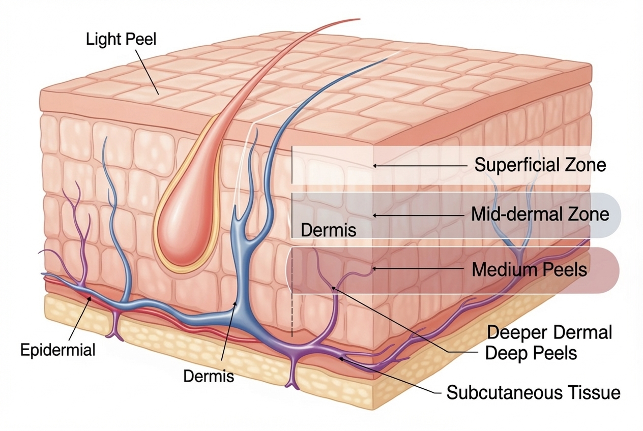 Image showing the different layers of skin targeted by light, medium, and deep peels - chemical peel for age spots scottsdale Image showing the different layers of skin targeted by light, medium, and deep peels - chemical peel for age spots scottsdale