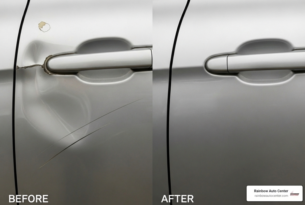 Before and after examples of car bodywork repair showing dent, scratch, and paint chip repair on a car panel - car bodywork repair near me