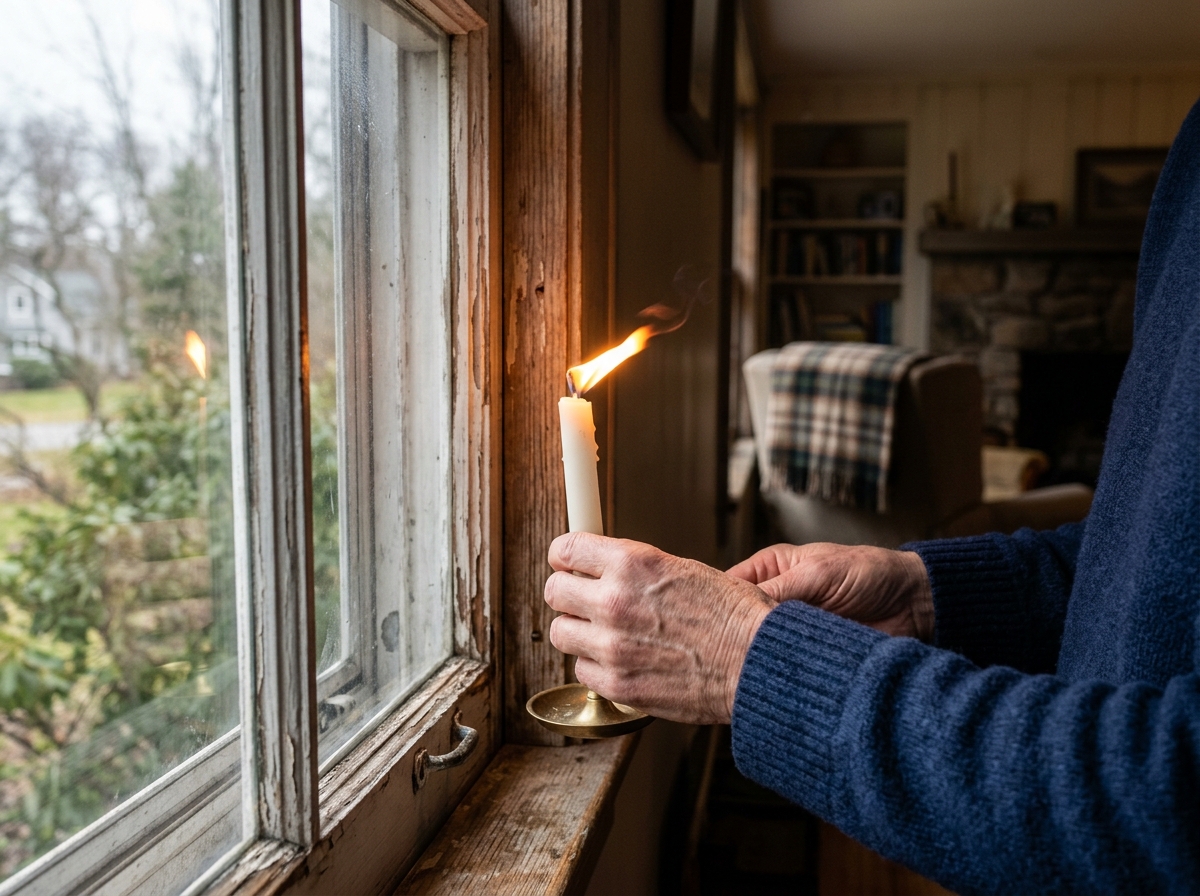 Using a candle to detect air leaks around a window frame - drafty old windows Using a candle to detect air leaks around a window frame - drafty old windows