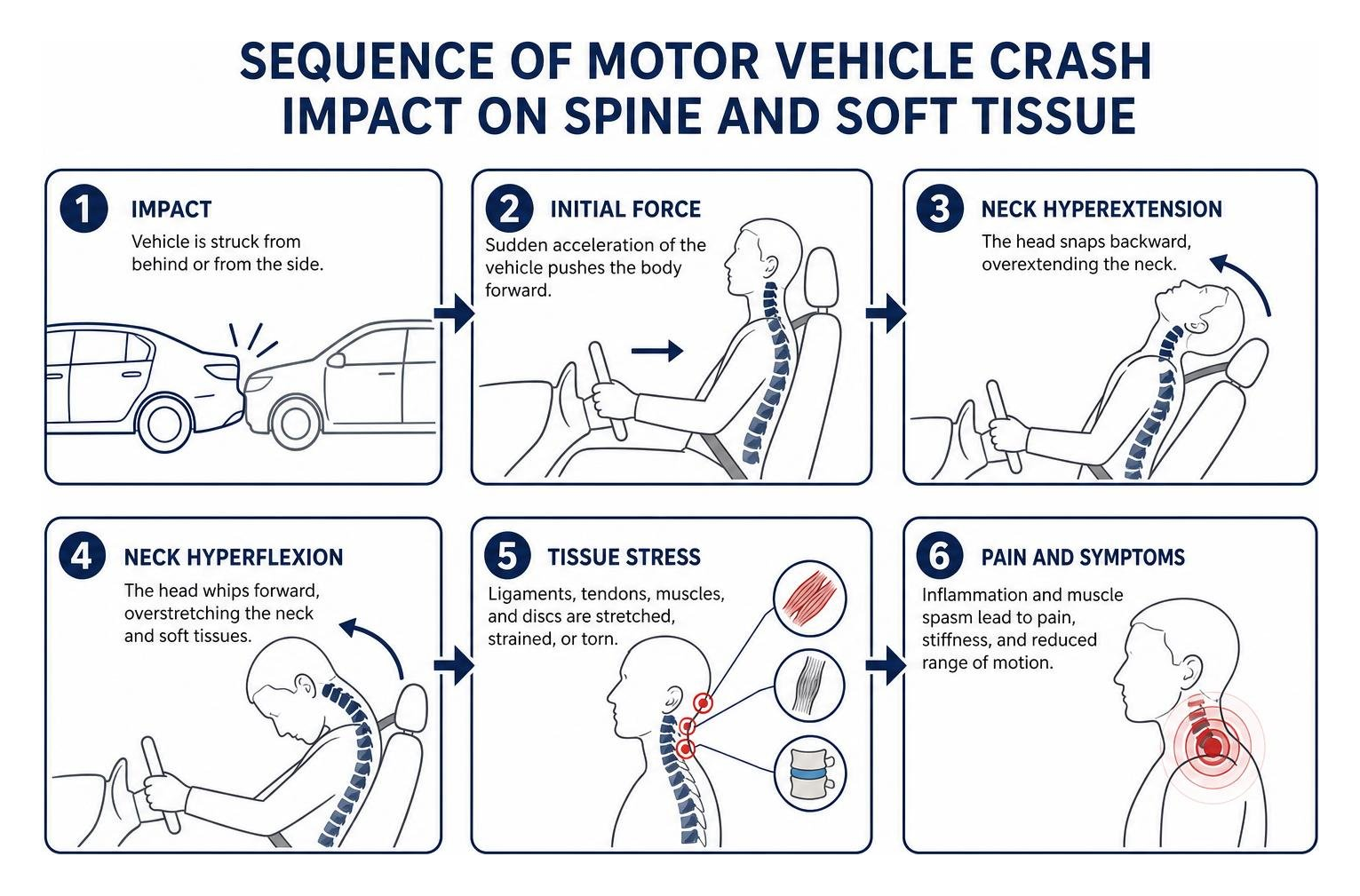 Sequence of motor vehicle crash impact on spine and soft tissue Sequence of motor vehicle crash impact on spine and soft tissue