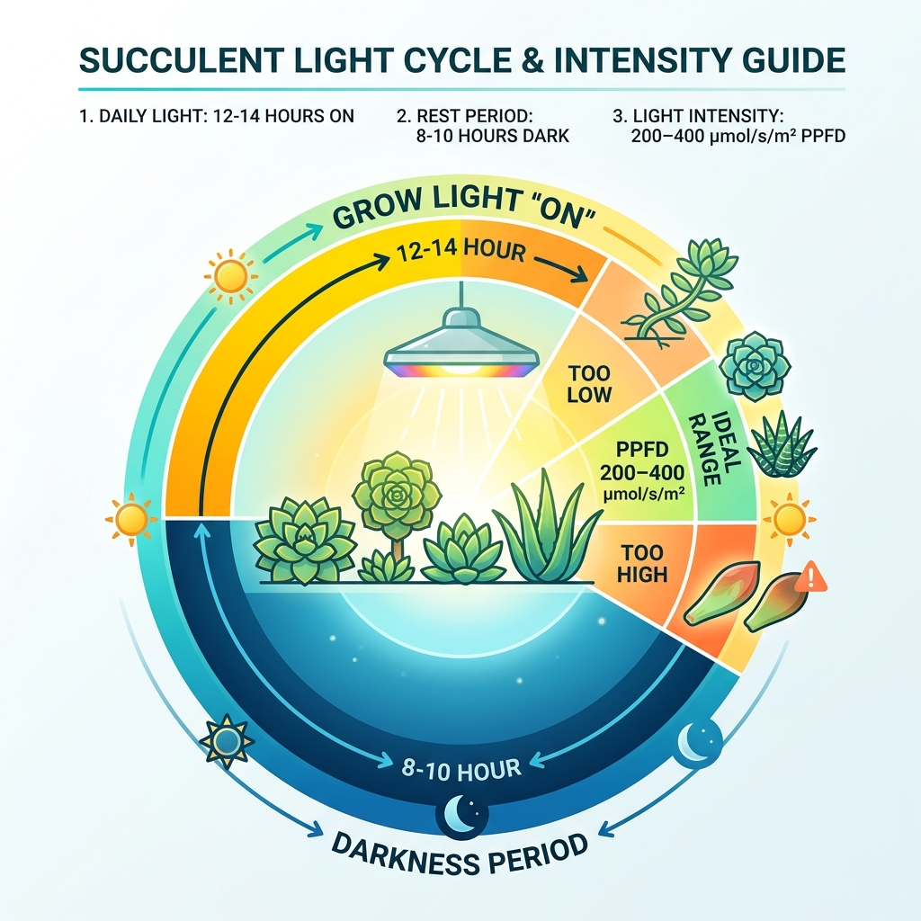 Succulent light cycle infographic showing daily hours, darkness period, and PPFD levels - best grow light succulents Succulent light cycle infographic showing daily hours, darkness period, and PPFD levels - best grow light succulents