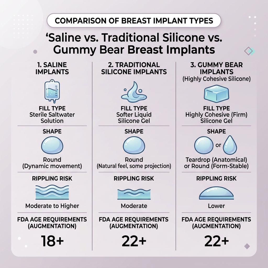 Comparison infographic: saline vs traditional silicone vs gummy bear breast implants — fill type, shape, rippling risk, and
