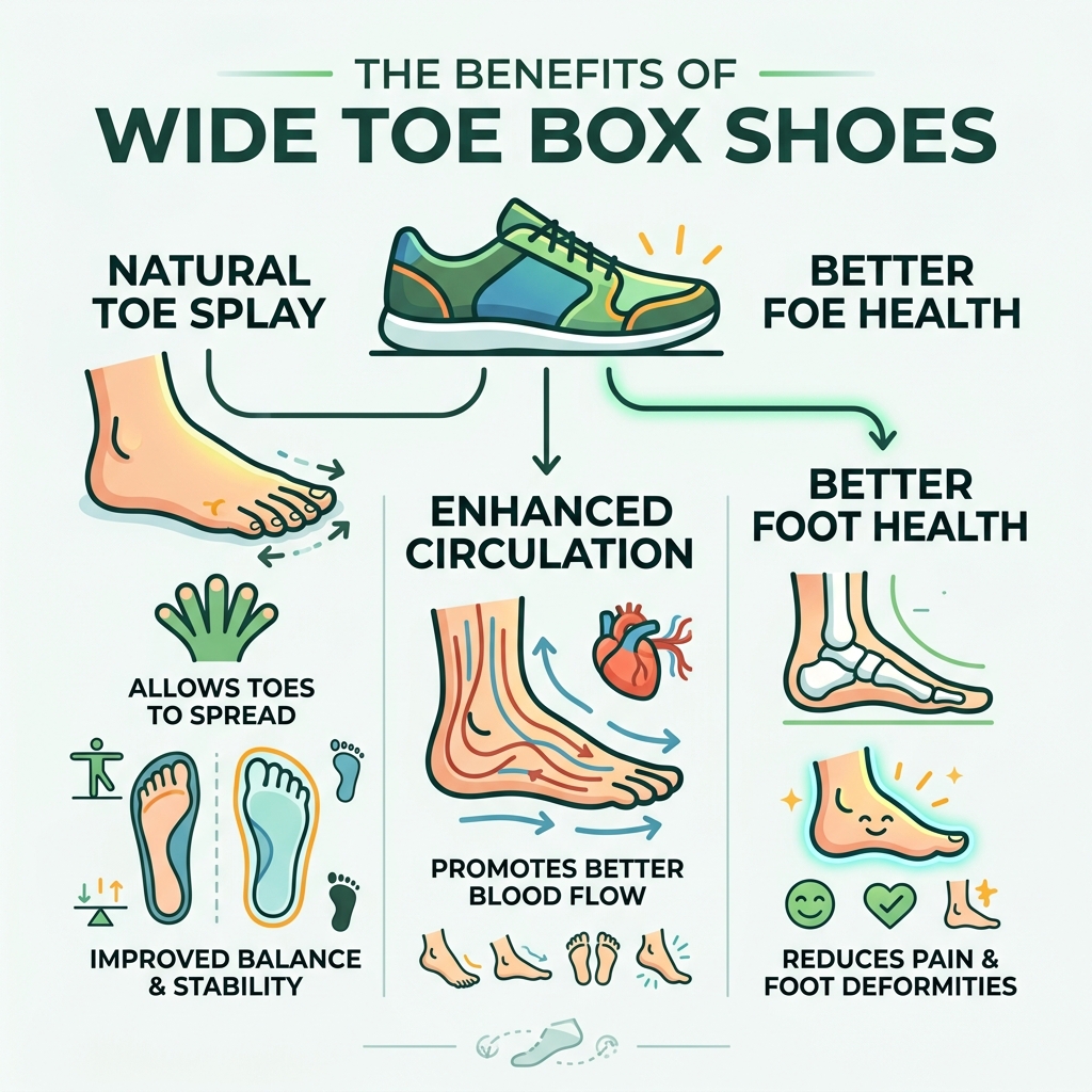Benefits of wide toe box shoes including toe splay, circulation, and foot health - shoes with a wide toe box infographic 