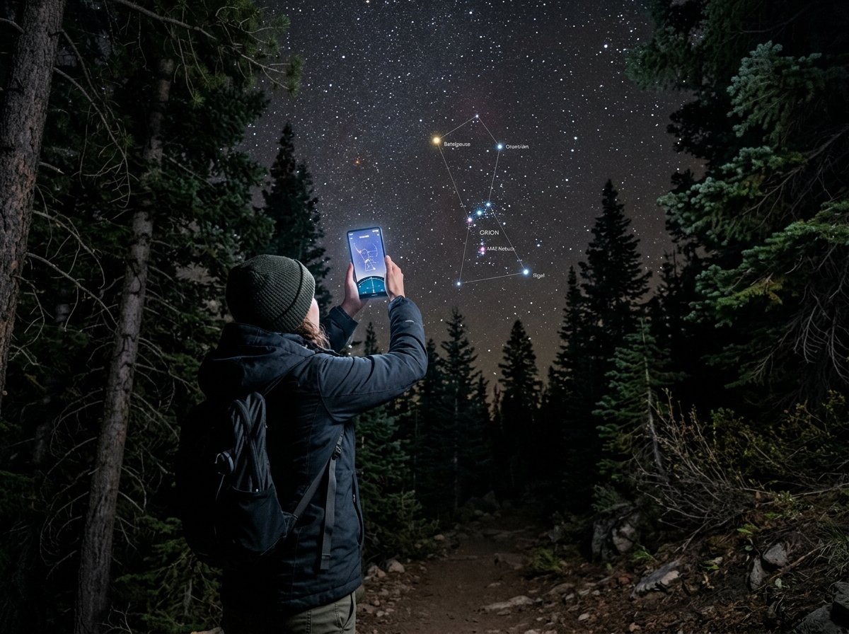 A person using Sky Guide to identify the Orion constellation in a dark forest - star constellation finder