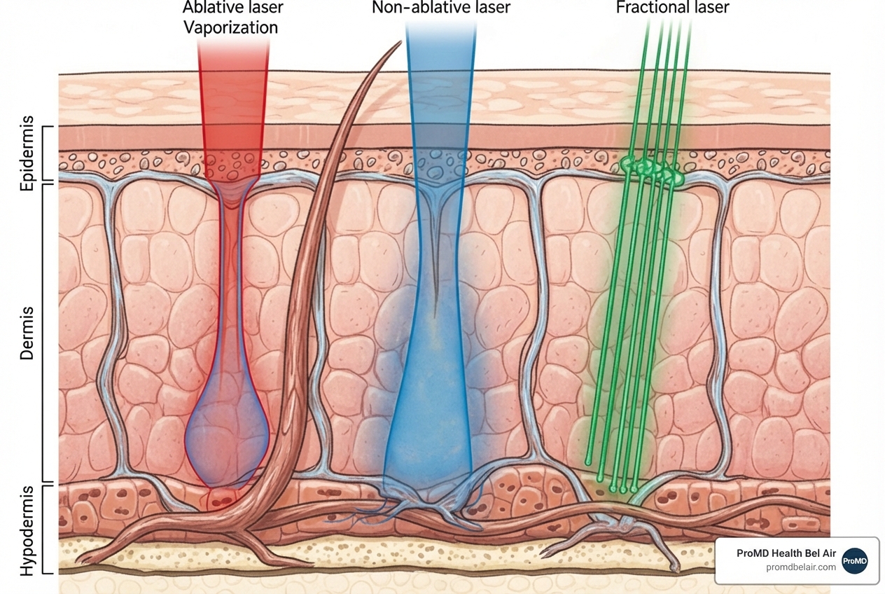 illustration of the difference in skin penetration between ablative, non-ablative, and fractional lasers - best laser resurfacing near me