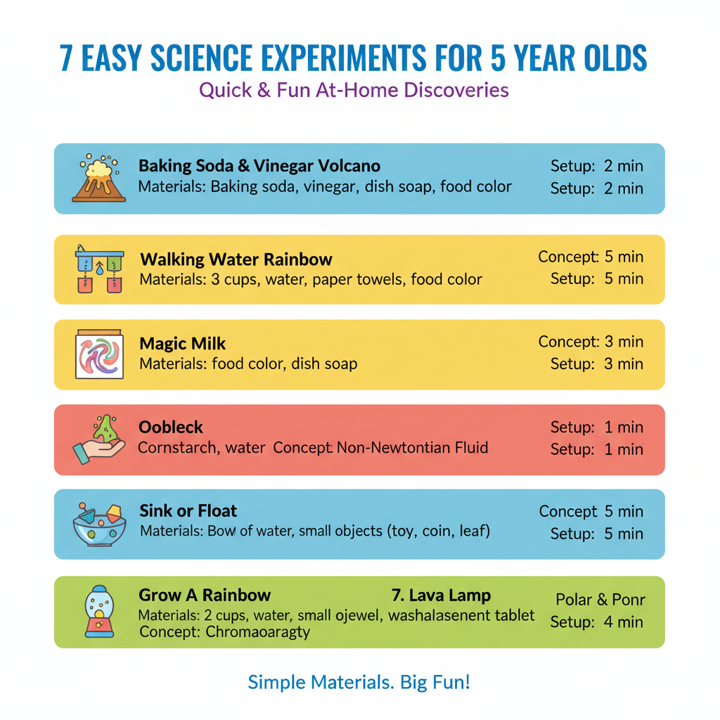 infographic showing 7 easy science experiments for 5 year olds with materials, concepts taught, and setup time - easy at
