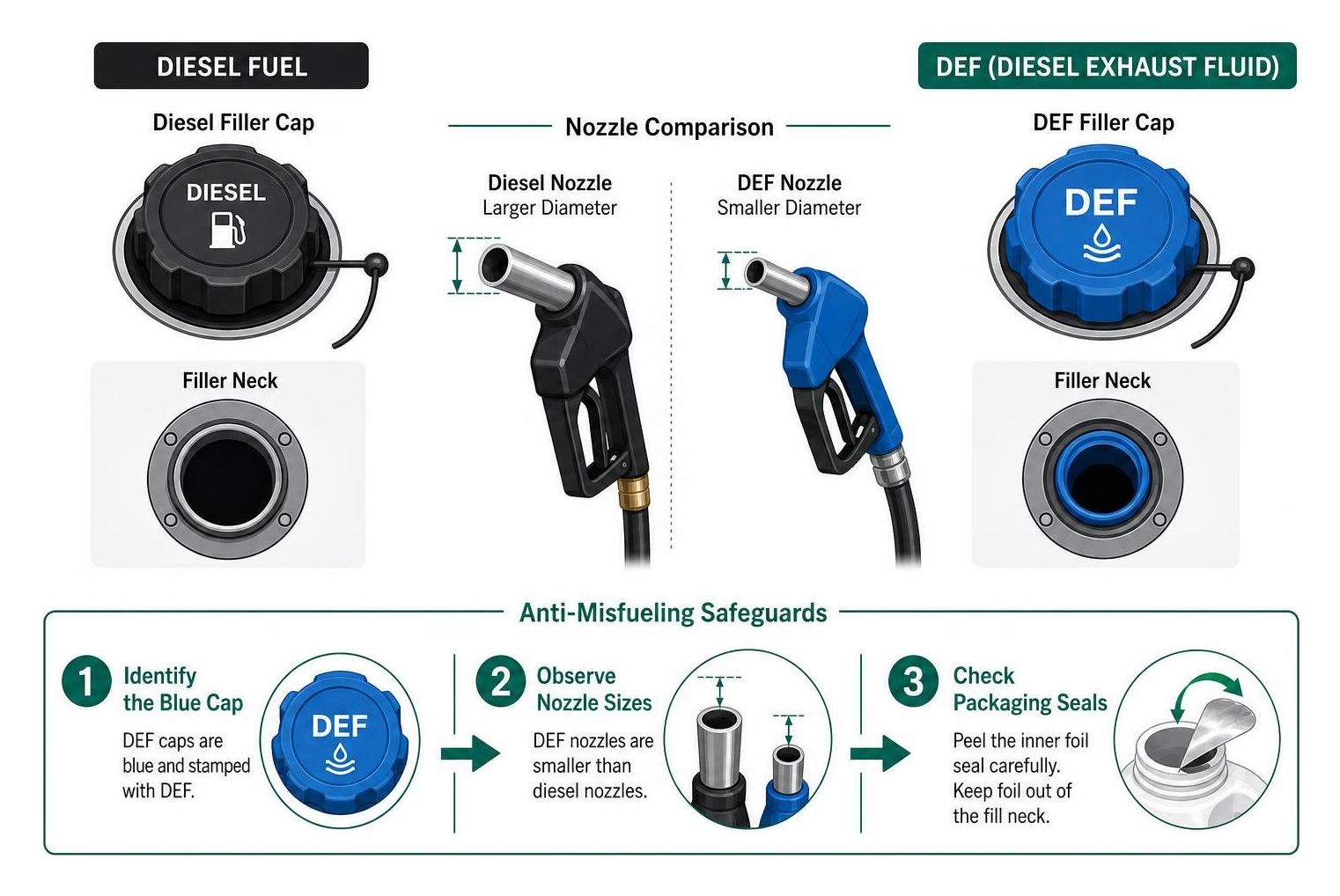 Diagram of diesel filler cap vs blue DEF cap illustrating nozzle differences and anti-misfueling safeguards Diagram of diesel filler cap vs blue DEF cap illustrating nozzle differences and anti-misfueling safeguards