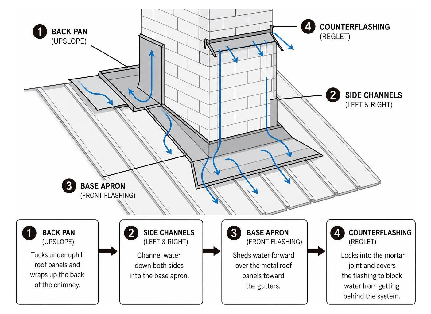 Diagram showing how water flows past base apron, side channels, back pan, and counterflashing Diagram showing how water flows past base apron, side channels, back pan, and counterflashing