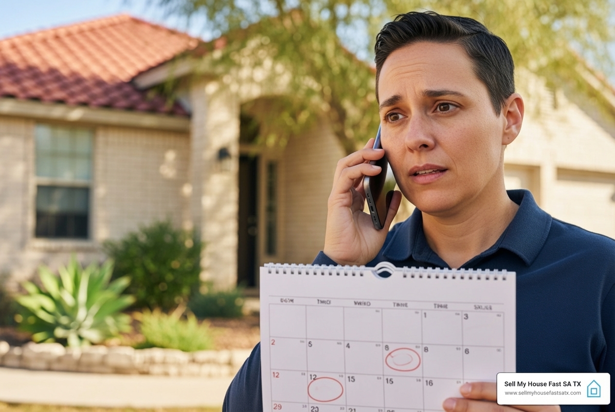 A person with a concerned expression on the phone, holding a calendar - how will i receive my escrow refund when house sells