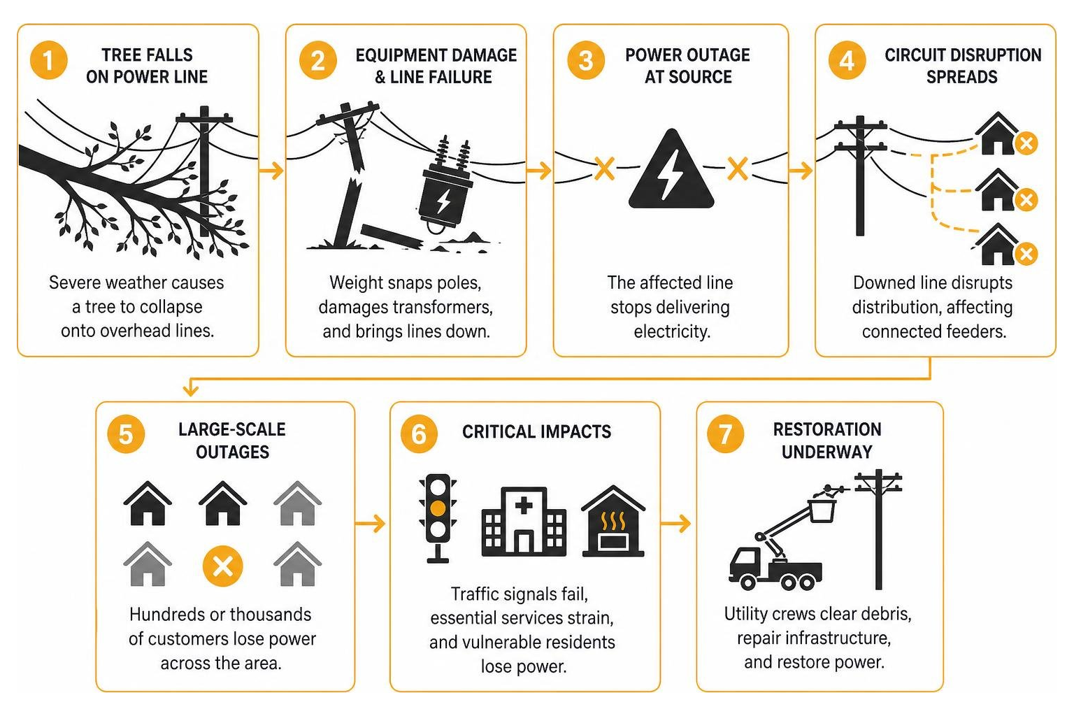 Diagram showing cascading electrical grid disruption from fallen trees Diagram showing cascading electrical grid disruption from fallen trees