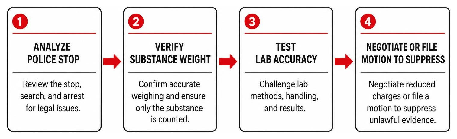 Process of challenging a drug charge: analyze police stop, verify substance weight, test lab accuracy, negotiate or file