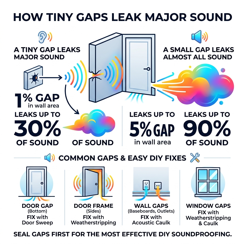 Infographic showing sound leakage percentages through gaps in walls and doors - soundproof diy for a room infographic Infographic showing sound leakage percentages through gaps in walls and doors - soundproof diy for a room infographic