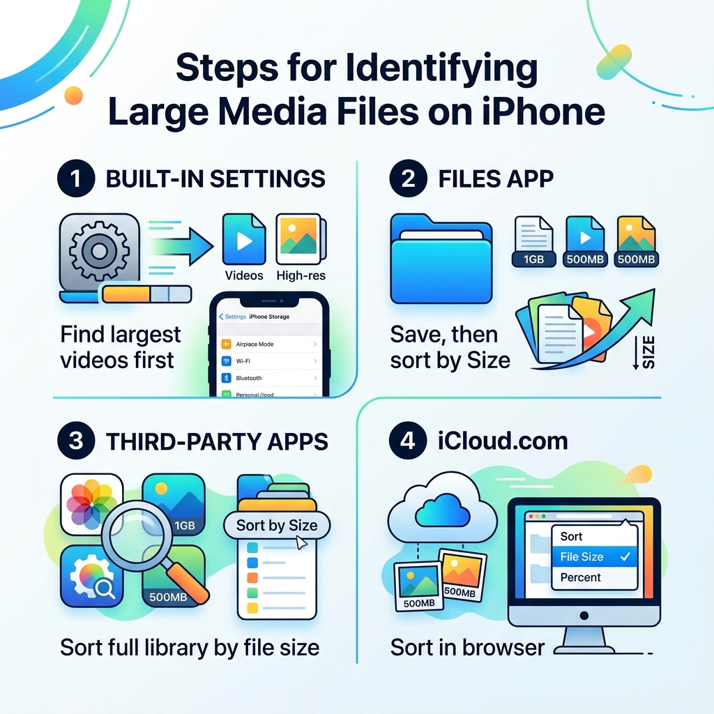 Steps for identifying large media files on iPhone - built-in settings, Files app, third-party apps, iCloud - how to sort