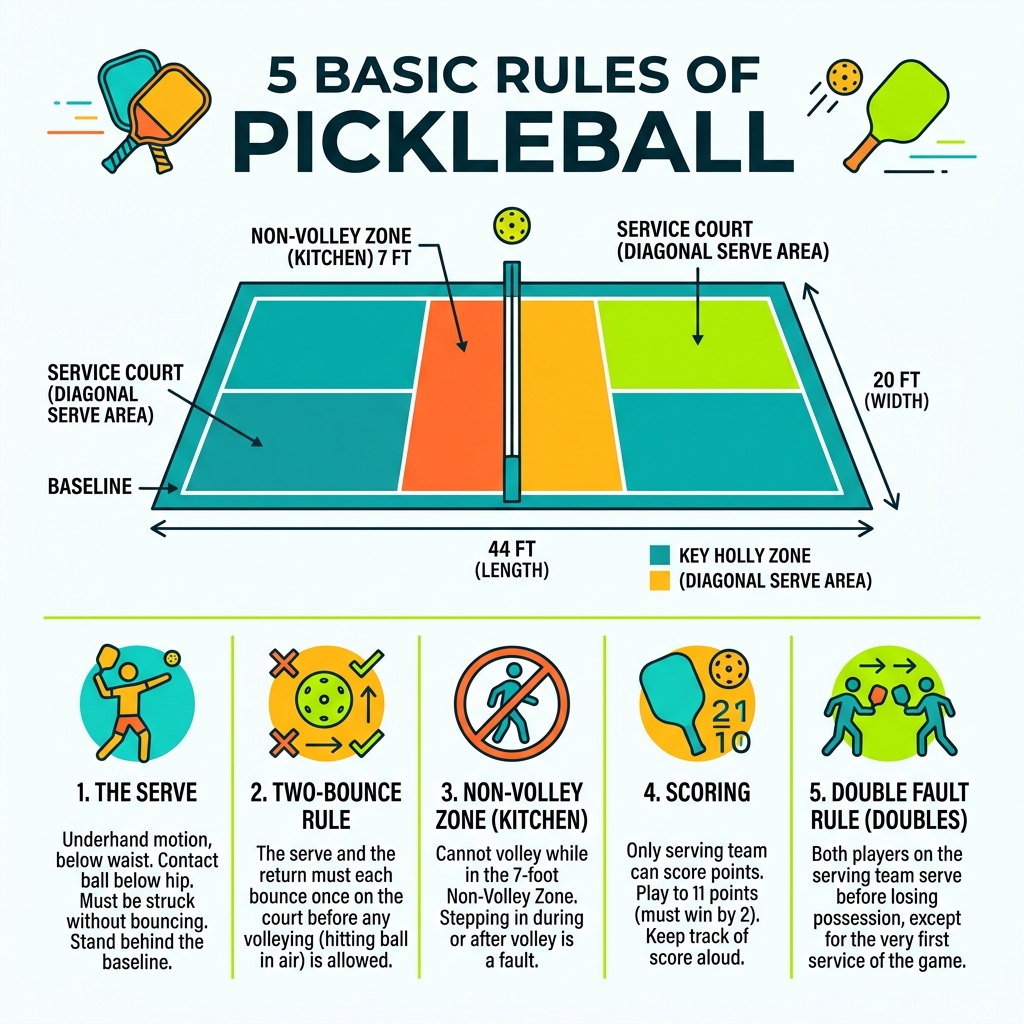 Infographic showing the 5 basic rules of pickleball with court diagram and key zones - printable pickleball rules pdf