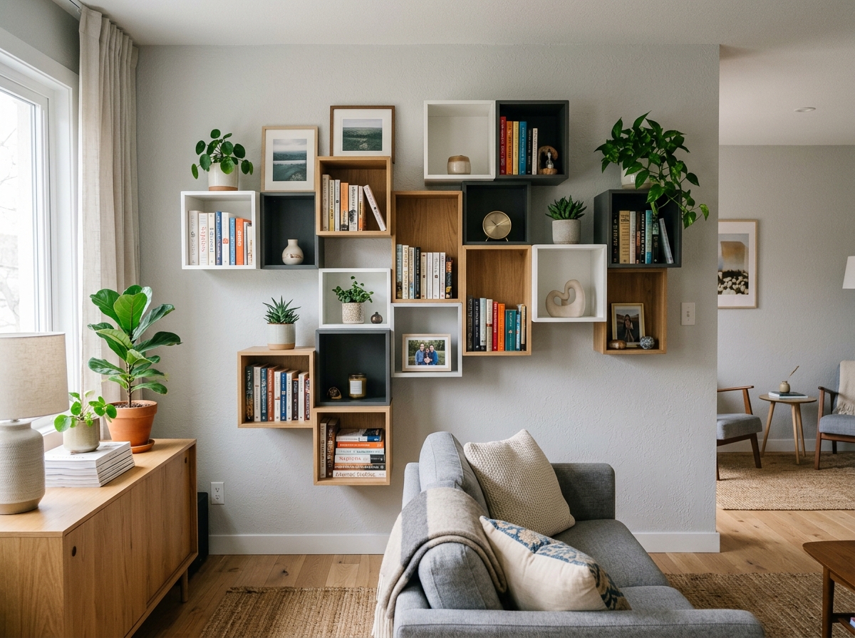 modular wall cubes arranged asymmetrically on a living room wall - narrow wall storage units