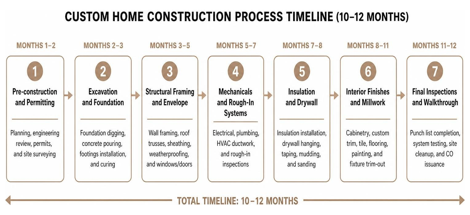 Custom home construction process timeline 10-12 months breakdown