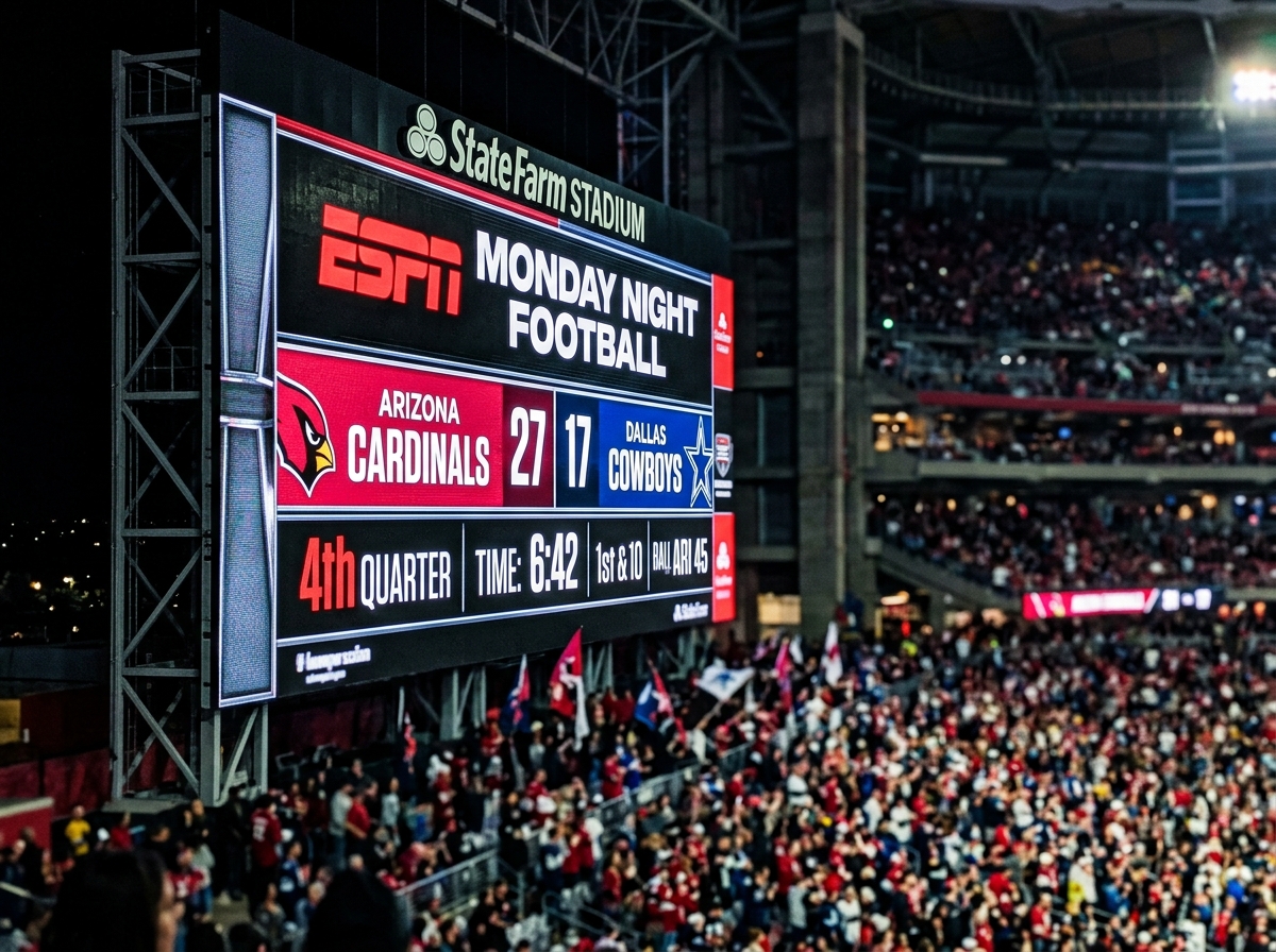 Scoreboard showing Cardinals 27, Cowboys 17 on Monday Night Football - Dallas Cowboys fan reactions