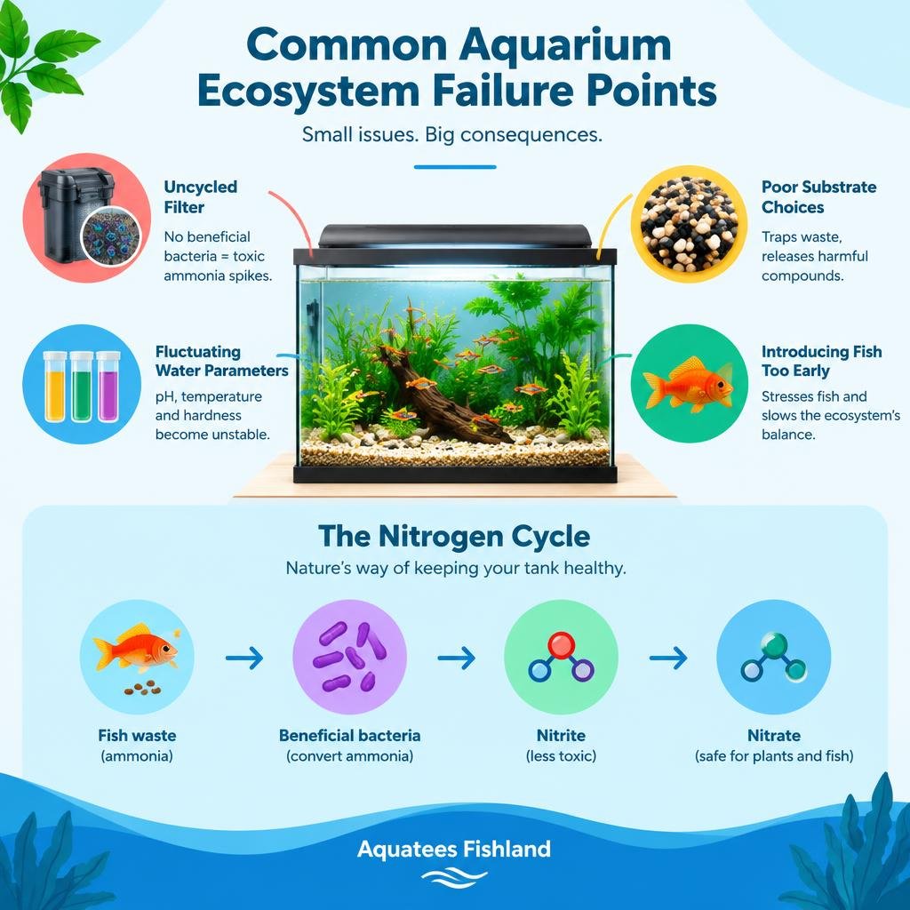 infographic explaining common aquarium ecosystem failure points infographic