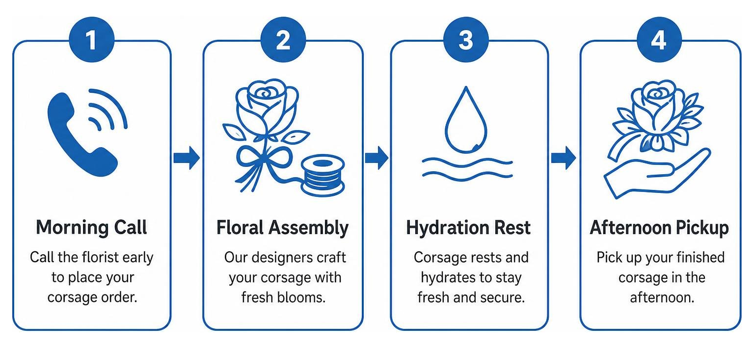 Corsage ordering timeline: morning call, floral assembly, hydration rest, afternoon pickup Corsage ordering timeline: morning call, floral assembly, hydration rest, afternoon pickup