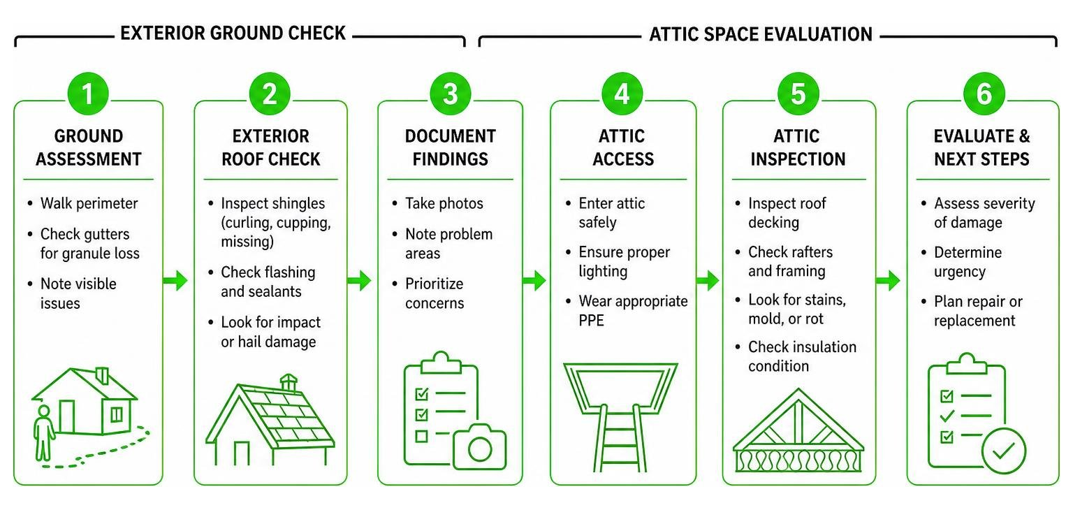 Roof inspection workflow from exterior ground check to attic space evaluation Roof inspection workflow from exterior ground check to attic space evaluation