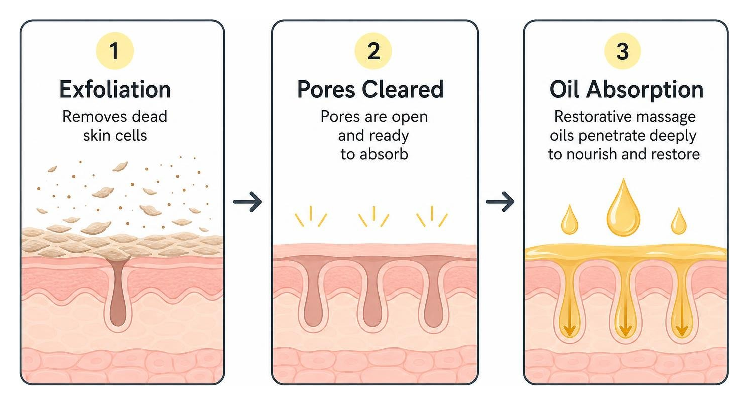 Exfoliation clears dead skin, opening pores to absorb restorative massage oils