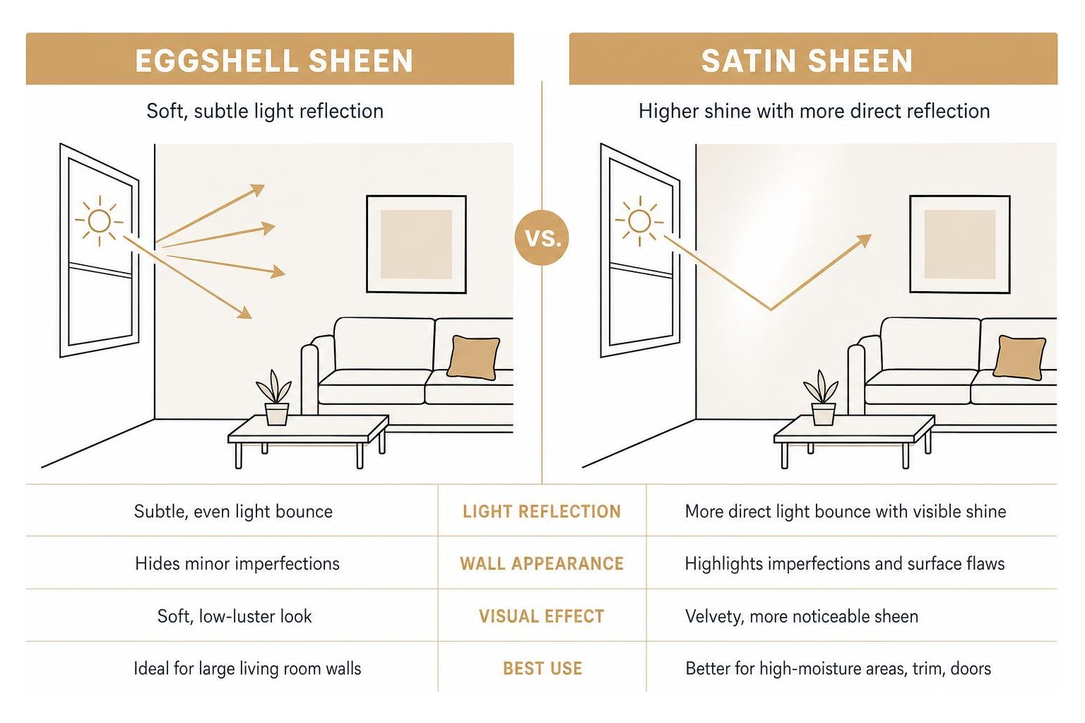 Eggshell versus satin sheen light reflection on living room walls Eggshell versus satin sheen light reflection on living room walls