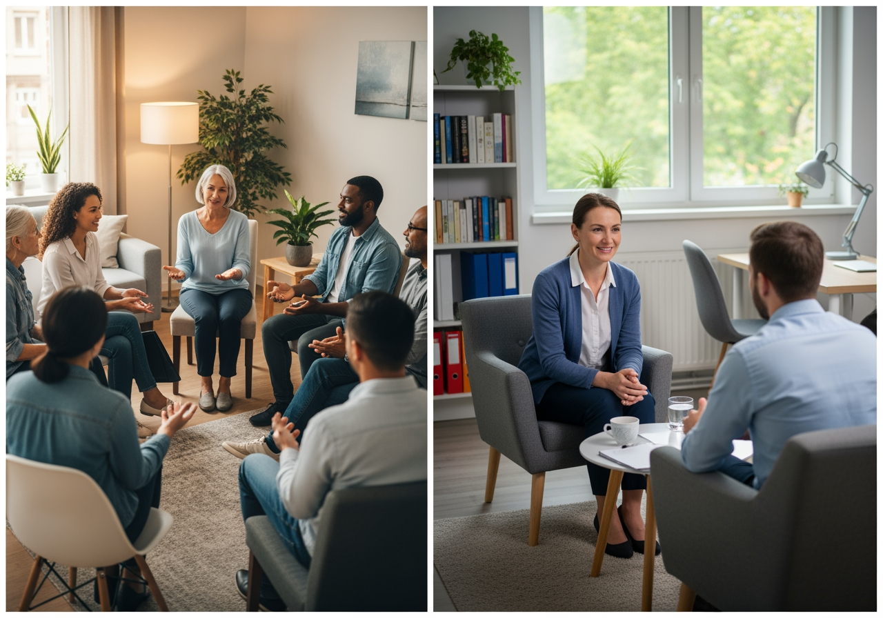 Collage showing a group therapy session and a one-on-one counseling meeting - Drug Rehab Centers Kenosha, WI 