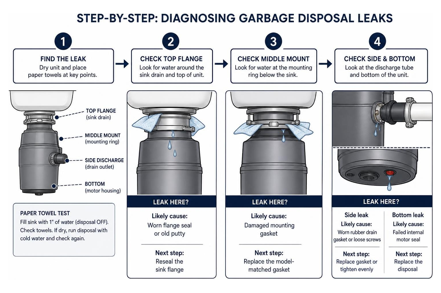 Step by step flow diagram for diagnosing garbage disposal leaks Step by step flow diagram for diagnosing garbage disposal leaks