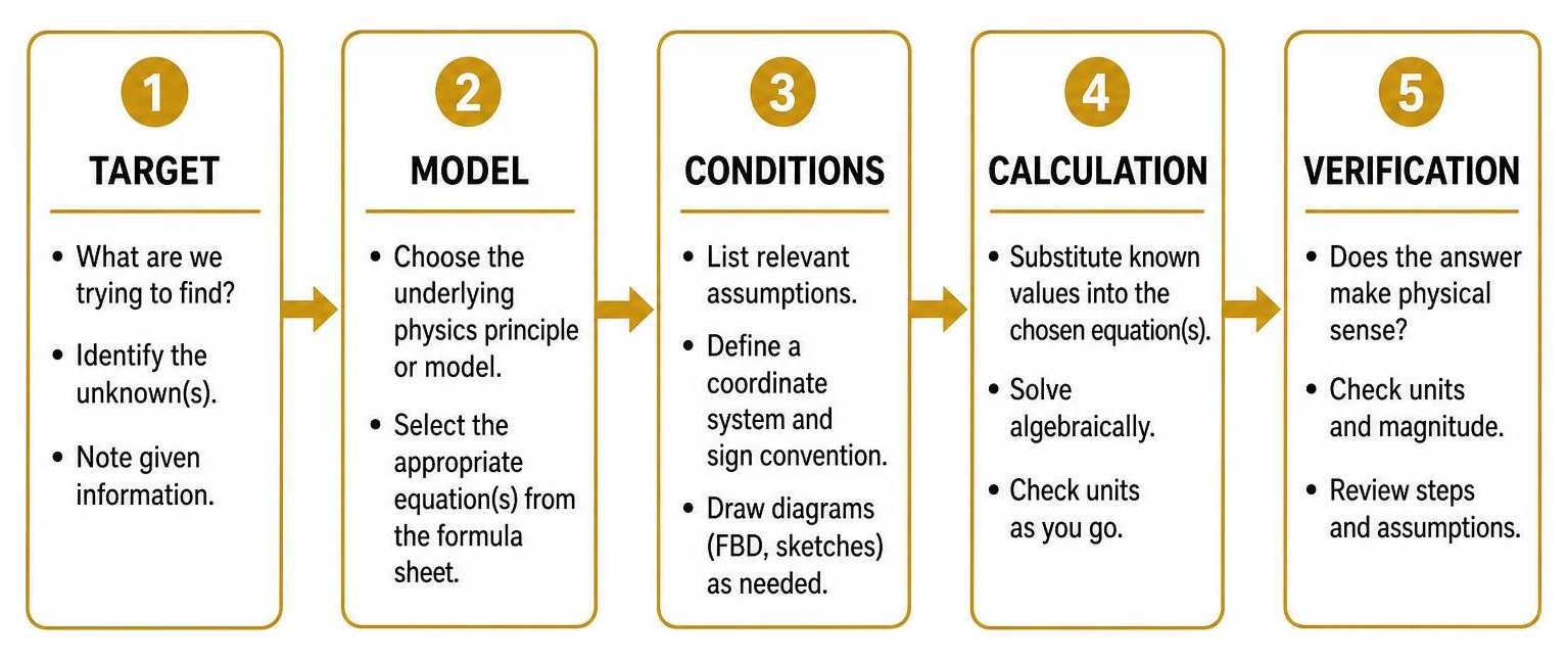 Step-by-step problem-solving process: target, model, conditions, calculation, and verification