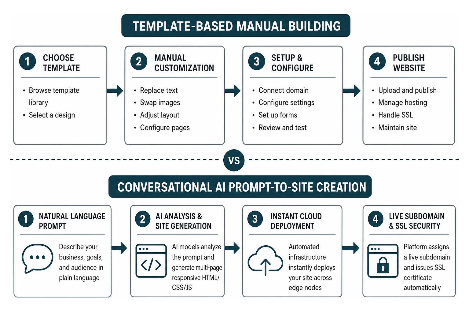 Comparison diagram showing template-based manual building versus conversational AI prompt-to-site creation