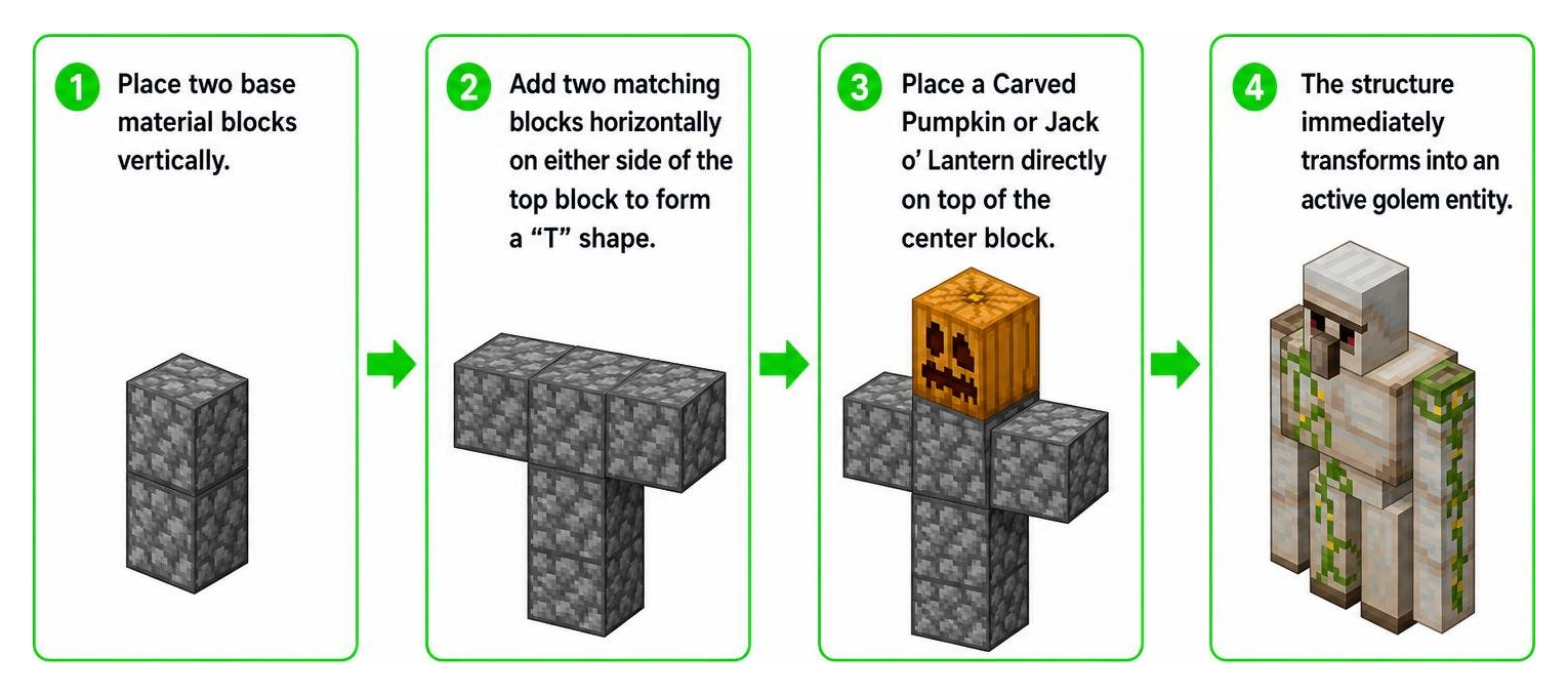Diagram showing T-shape block placement step-by-step for summoning a golem
