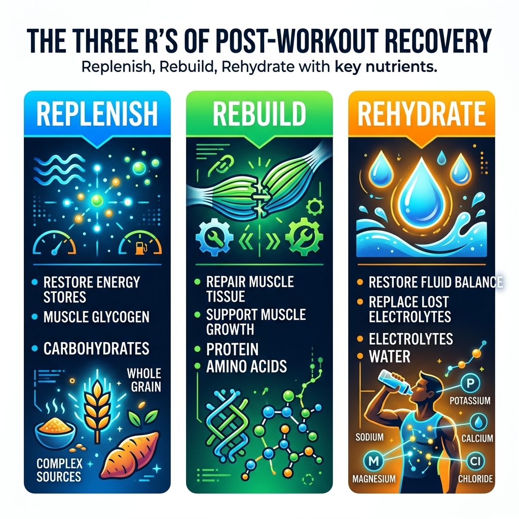 Infographic showing the three R's of post-workout recovery: Replenish, Rebuild, Rehydrate with key nutrients - best post Infographic showing the three R's of post-workout recovery: Replenish, Rebuild, Rehydrate with key nutrients - best post