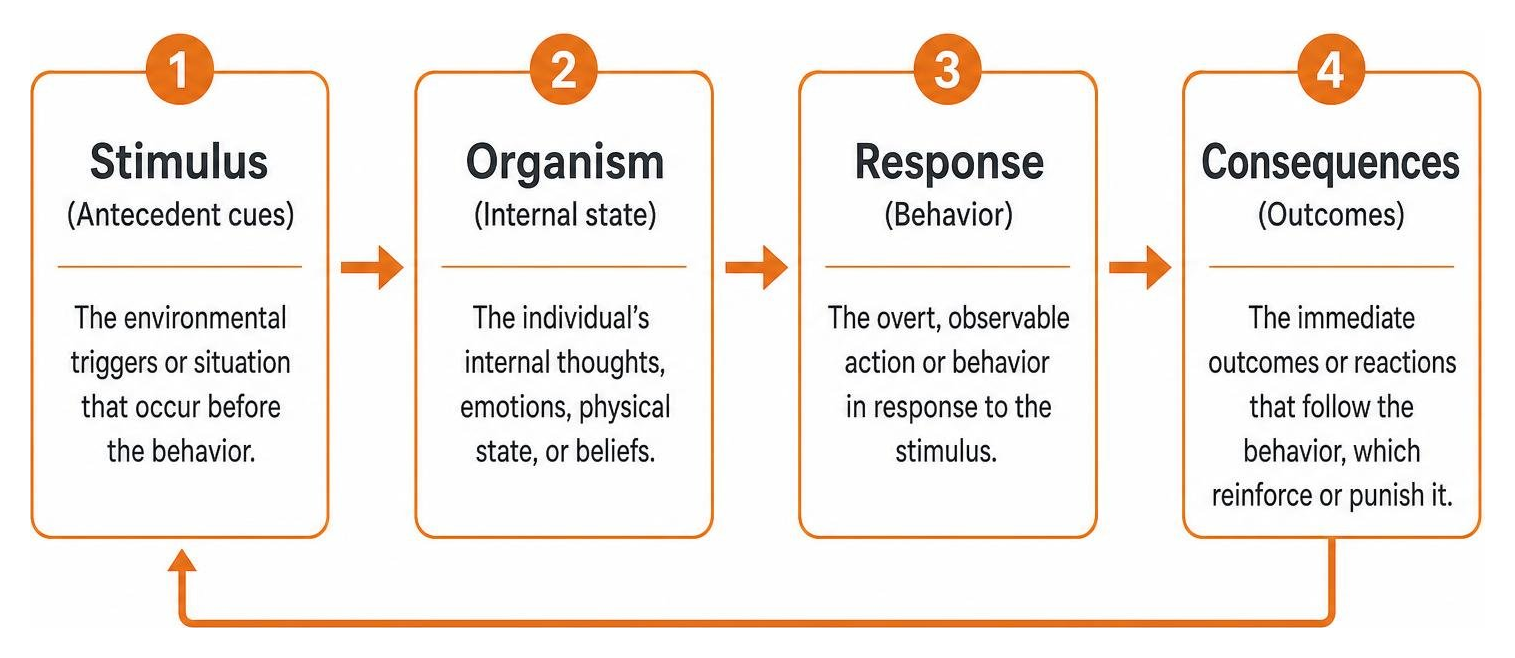 Functional behavioral analysis SORC chain showing Stimulus leading to Organism, Response, and Consequences Functional behavioral analysis SORC chain showing Stimulus leading to Organism, Response, and Consequences