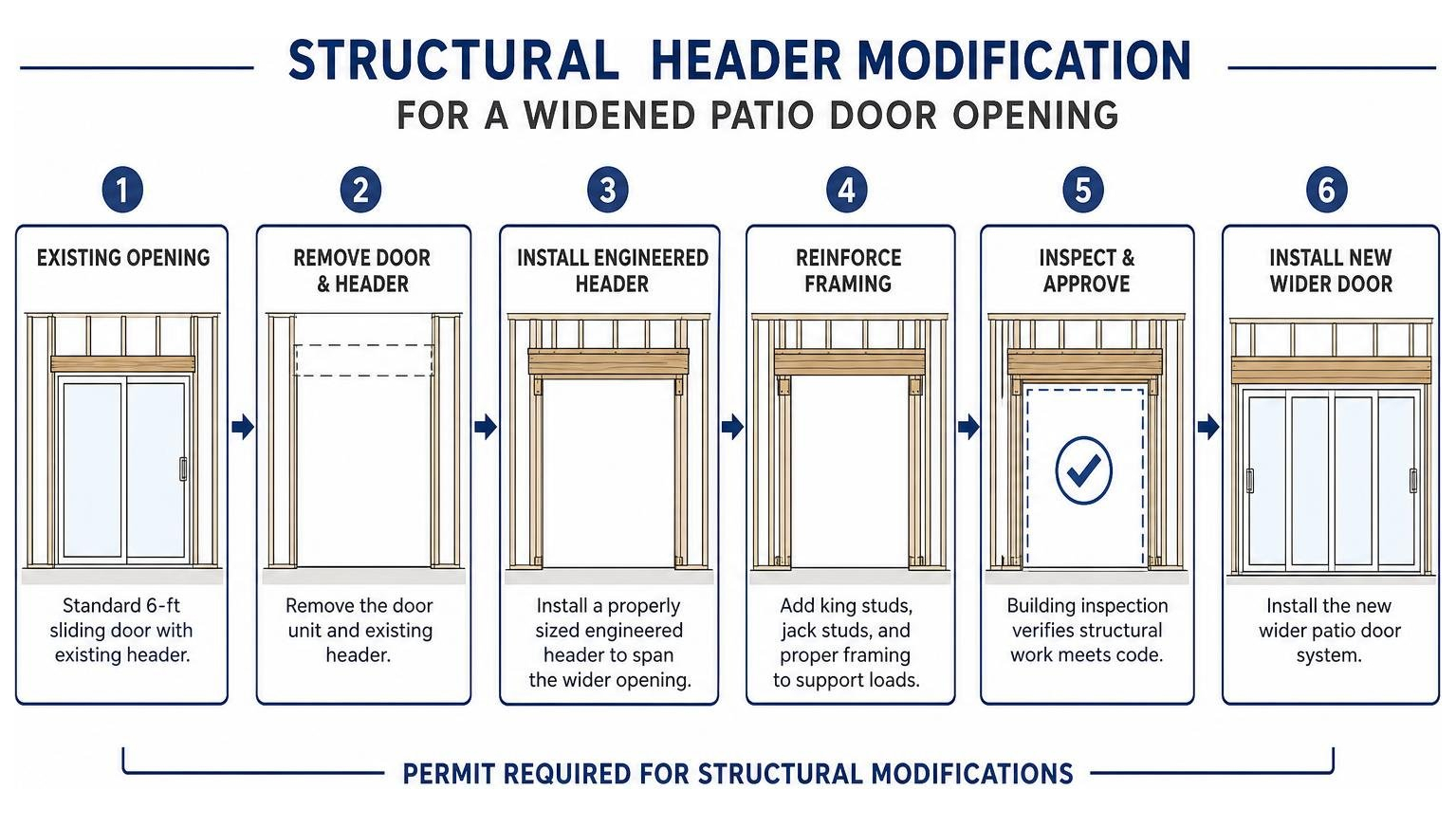Structural header modification for a widened patio door opening Structural header modification for a widened patio door opening