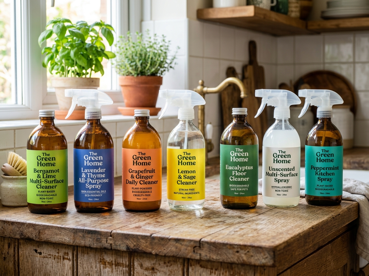 Various multi-surface cleaners on a wooden countertop showing eco-friendly labels - natural cleaner products Various multi-surface cleaners on a wooden countertop showing eco-friendly labels - natural cleaner products