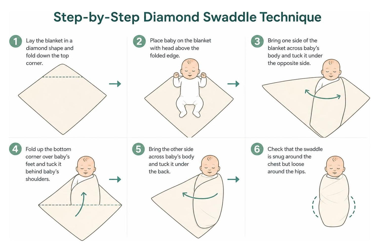 Step-by-step diamond swaddle technique diagram