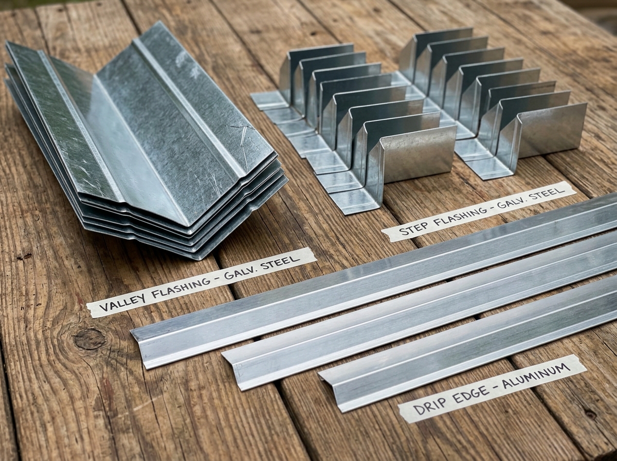 Different types of metal flashing including step, valley, and drip edge - roof flashing repair service Different types of metal flashing including step, valley, and drip edge - roof flashing repair service