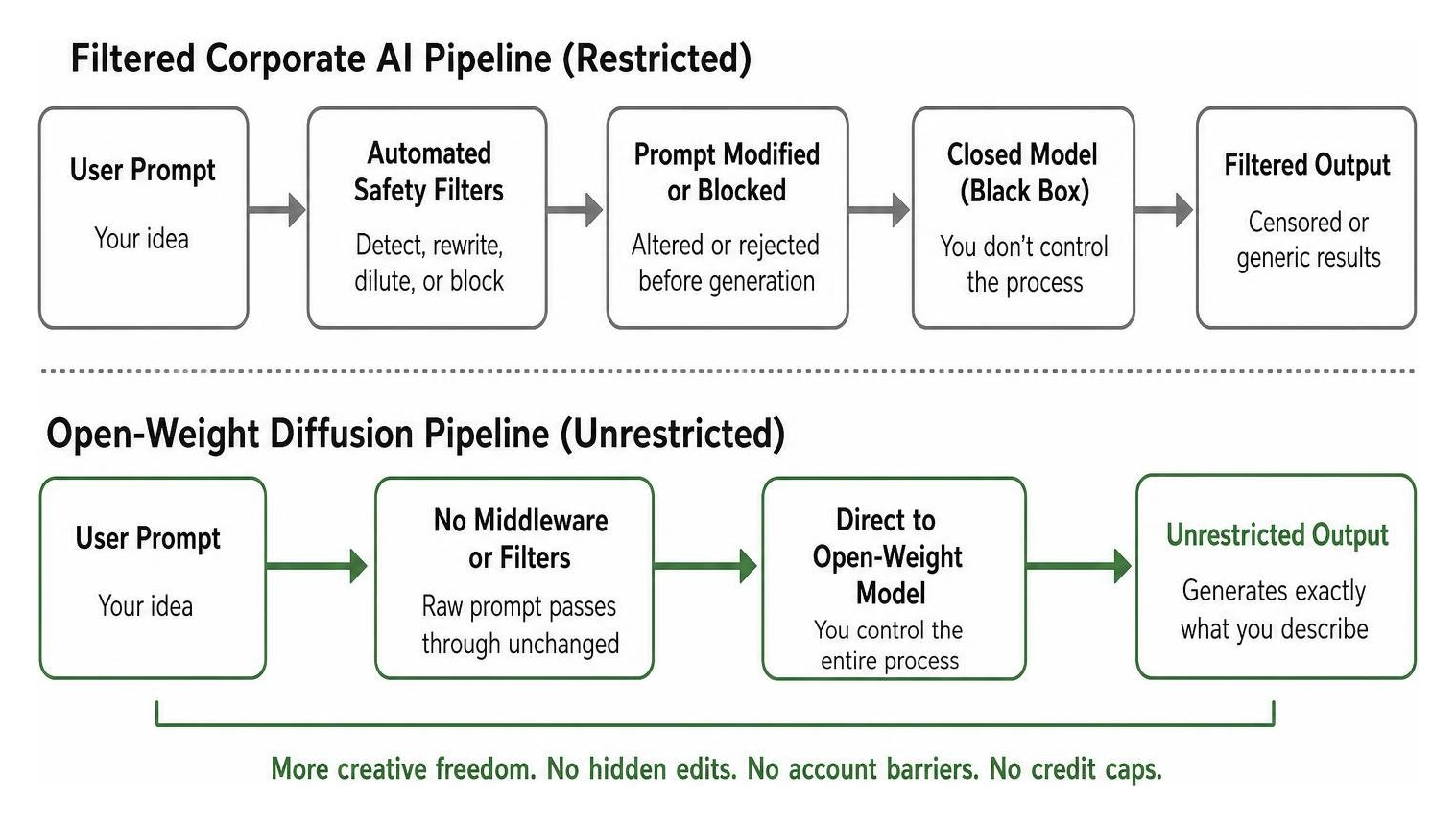 Difference between filtered corporate AI and open-weight diffusion pipelines