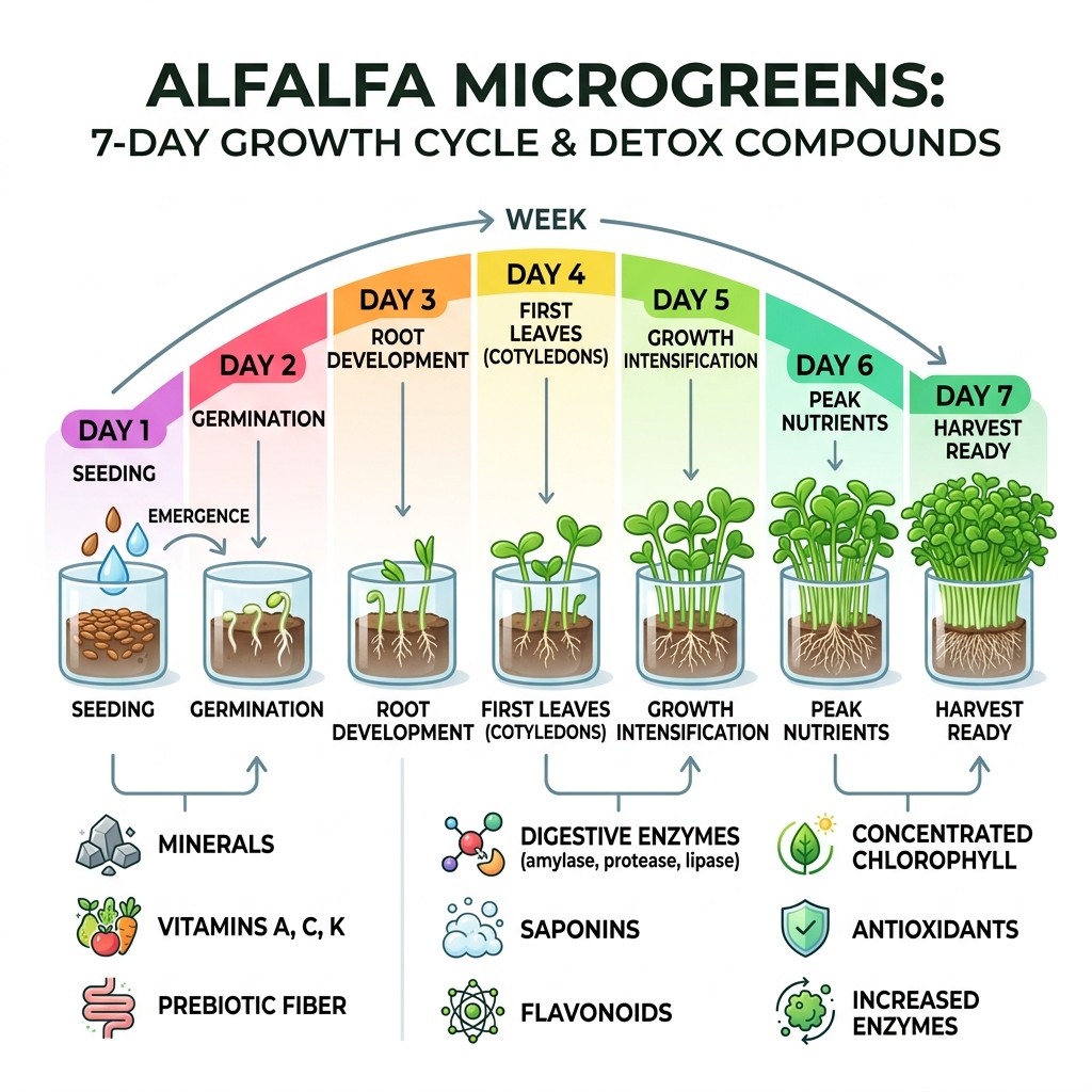 Infographic showing alfalfa microgreens 7-day growth cycle and key detox compounds at each stage - alfalfa microgreens detox Infographic showing alfalfa microgreens 7-day growth cycle and key detox compounds at each stage - alfalfa microgreens detox