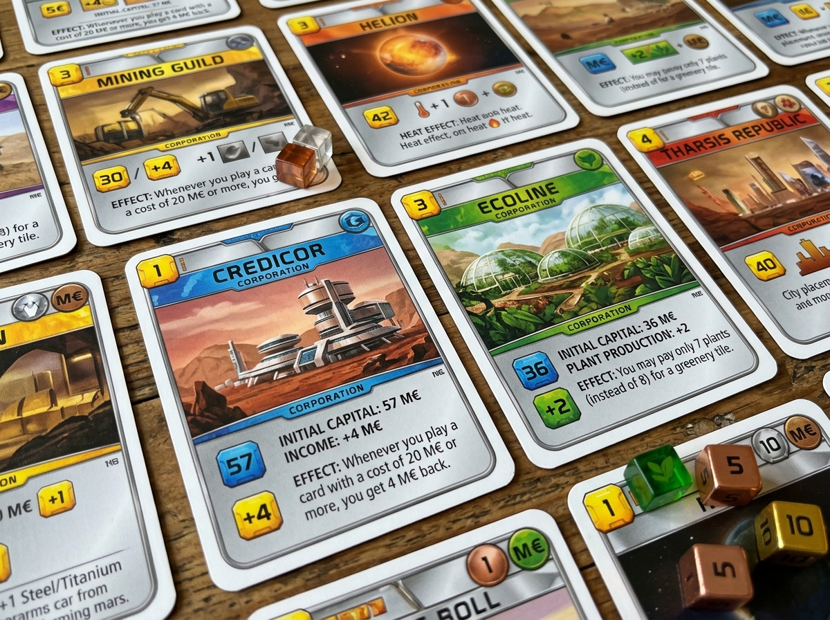 A collection of Terraforming Mars corporation cards including Credicor and Ecoline - terraforming mars strategy guide