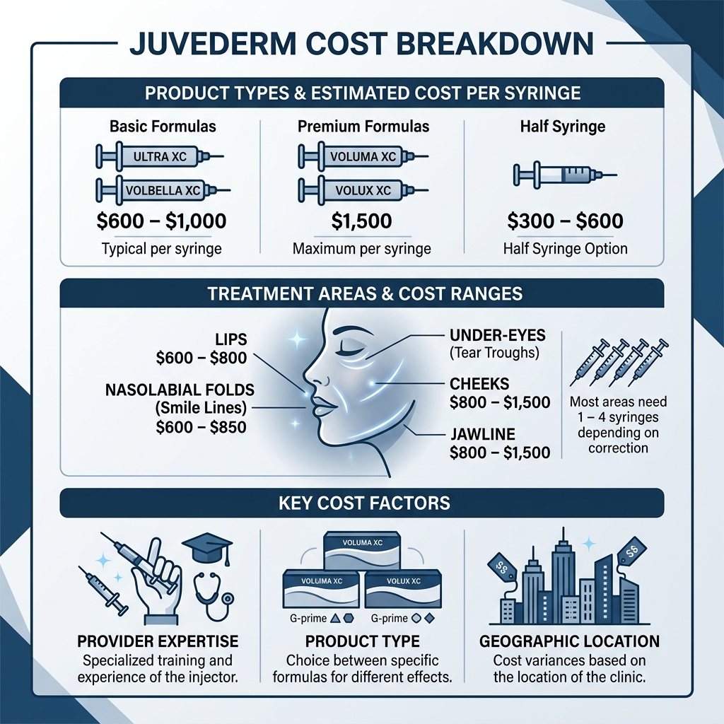 Juvederm cost breakdown infographic with product types, treatment areas, and price ranges - how much does juvederm fillers