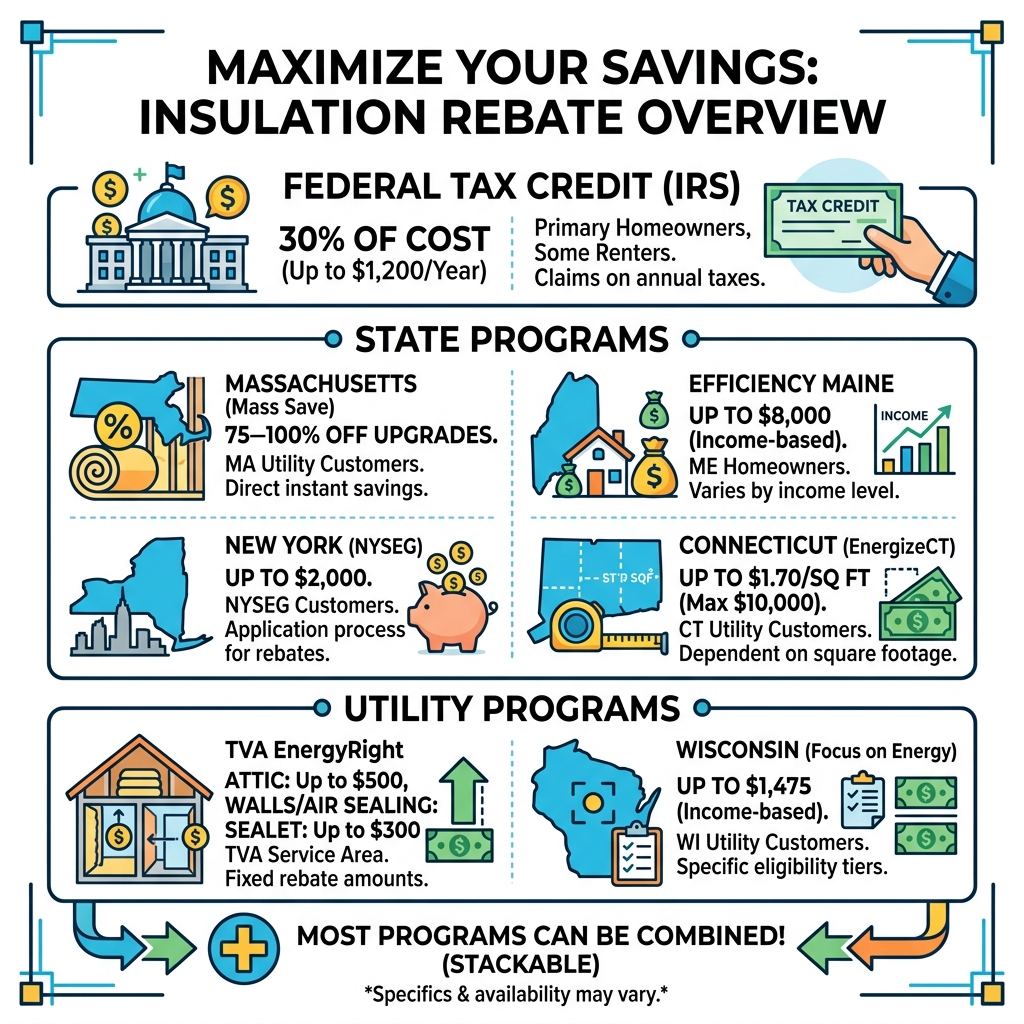 Overview infographic of federal, state, and utility insulation rebate programs with amounts and eligibility - insulation Overview infographic of federal, state, and utility insulation rebate programs with amounts and eligibility - insulation