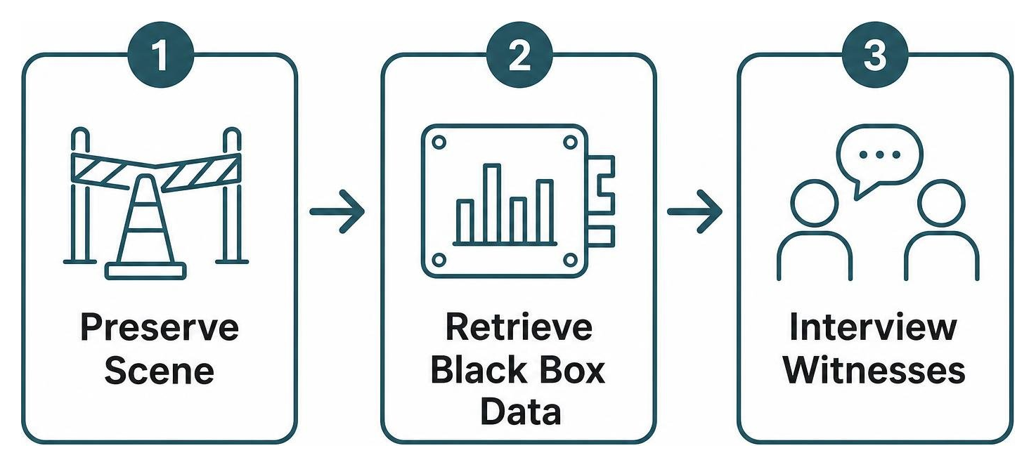 Fatal crash investigation workflow: preserve scene, retrieve black box data, interview witnesses