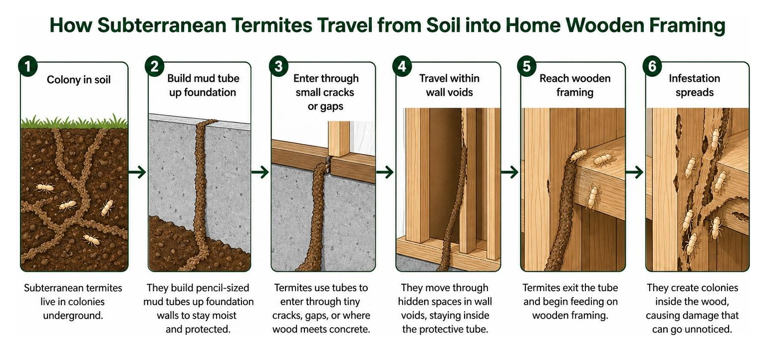 How subterranean termites travel from soil into home wooden framing